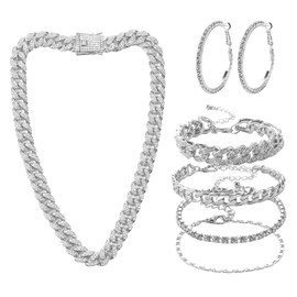 Avxzbef 6 Pcs Silver Cuban Link Chain Set for Men Women with Necklace Bracelet Hoop Earrings for Party Prom Accessories