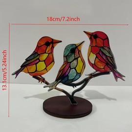 Naiveferry 1Pc Stained Glass Birds on Branch, Colorful Acrylic Birds Desktop Ornaments Modern Style Home Decorations for Living Room Bedroom Office(3 Birds)