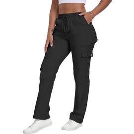 HVEPUO Ladies Pants Casual Straight Leg High Waisted Cargo Pants for Women 2024 Boyfriend Adjustable Drawstring Travel Trouser Pant with Pockets Black XXL