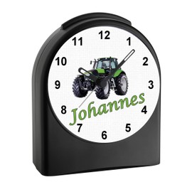 CreaDesign Analog Kinderwecker personalisiert mit (Wunsch) Namen, Kinder Funkwecker ohne Ticken und mit Licht/Beleuchtung, Schulanfang, Motiv Moitv Traktor