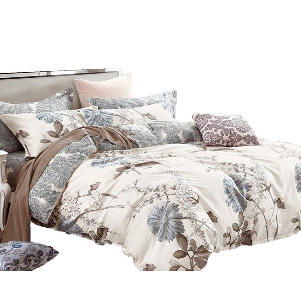 Swanson Beddings Daisy Silhouette Reversible Floral Print 5-Piece 100% Cotton Bedding Set: Duvet Cover, Two Pillowcases and Two Pillow Shams (Full)