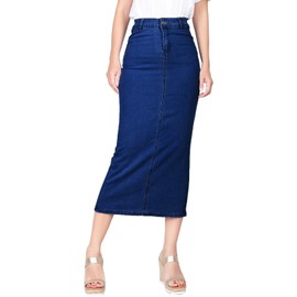 BodiLove Falda midi elástica para mujer, longitud media, debajo de la rodilla, ajuste de forma, falda midi de color sólido con abertura trasera, Azul marino (Navy1), XL
