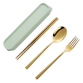 Gold Silverware Set for Camping. Lightweight & Portable Reusable Chopsticks Spoon Fork with Wheat Straw Case for Outdoor. Stainless Steel Flatware Cutlery Set.Dishwasher Safe (Gold)