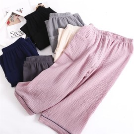 Double Gauze Pajamas, Rakuchin Pants, Women's, Spring, Summer, Autumn, 100% Cotton, Bottoms, Room Wear, Cotton, Room Wear, Loungewear, Sweat Absorbent, Quick Drying, 3/4 Gray & Black