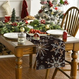 Artoid Mode Black Gold Snowflakes Christmas Table Runner, Seasonal Winter Kitchen Table Decoration, Indoor, Holiday, Party Decor, 40 x 100 cm