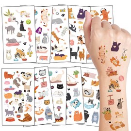 Qpout 10pcs Cat Temporary Tattoos for Kids,Cute Cat Birthday Party Waterproof Fake Tattoos,Boys Girls Cat Themed Party Decoration Favors Supplies Bags Fillers Gifts