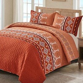 WONGS BEDDING Burnt Orange Boho Quilt Set Full, 3 PCS Quilt Bedspread Lightweight Pumpkin Geometry Printed Coverlet Set with 2 Pillowcase, Soft Bohemian Bedding Set for All Season 78"×90"