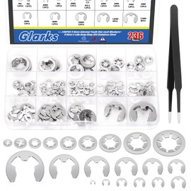 Glarks 237pcs 304 stainless steel Internal Tooth Star Lock Washers and E-clip Retaining Rings Kit Includes 100pcs 9 Sizes Push on Locking Washers and 136pcs 12 Sizes E-Ring Circlip Rings and A Tweezer