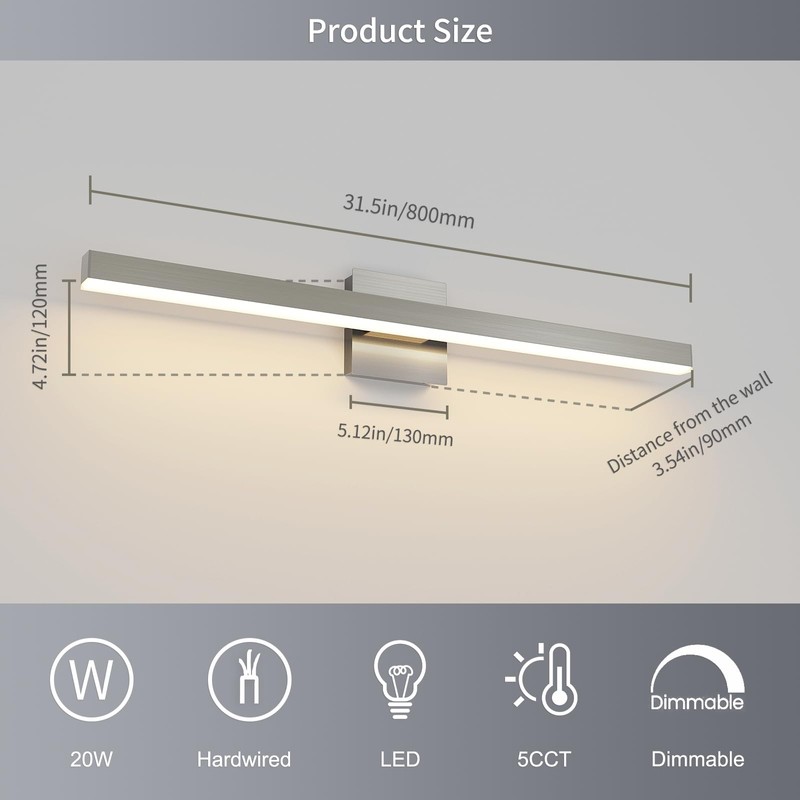 Joossnwell Brushed Nickel Vanity Light for Bathroom Lighting Fixtures Over