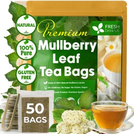FreshDrinkUS, Premium 50 Mulberry Leaf Tea Bags, 100% Natural & Pure from Mulberry Leaves. Herbal Tea. Made with Natural Material Tea Bags. No Sugar, No Caffeine, No Gluten, Vegan.