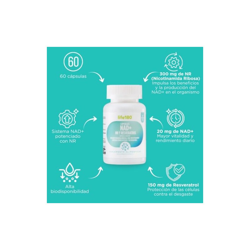 Life180 NAD+ NR y Resveratrol con 60 Cápsulas