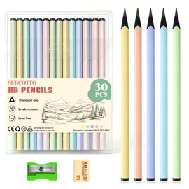 Surcotto Pencils HB, 30 Pieces Pencils with Eraser and Sharpener, Triangular Black Wooden Pencil for Writing, Drawing at School and Home