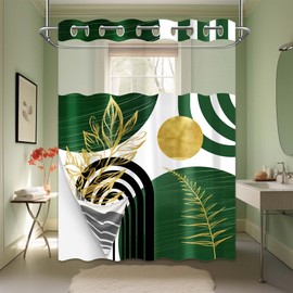 Olive Green and Gold Hookless Shower Curtain with Snap in Liner, Boho Mid Century No Hook Double Layer Shower Curtains and Liner Set, Waterproof Cloth Fabric, 71" W X 74" L