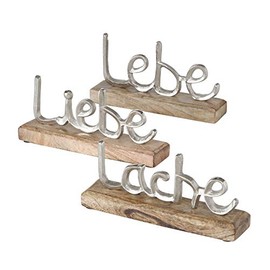 Lettering "Lebe Liebe Lach" Decorative Stand Table Decoration Aluminium Mango Wood Set of 3