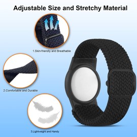 Yizhet Wristband Compatible with Airtag, Black Adjustable Airtag Bracelet Nylon Airtag Holder Soft Airtag Watch Strap for Kids, Teens, Elders(Black)