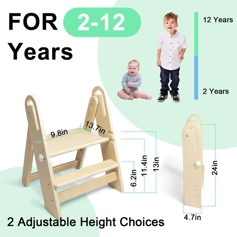 WOOD CITY Step Stool Foldable for Toddlers, Adjustable Kids Step