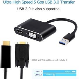 BONACHAN Adaptador USB a VGA y HDMI, Adaptador USB 3.0/2.0 to 4K HDMI/HD 1080P VGA, Convertidor de Vídeo Multipantalla - PC Portátil Windows 7/8/8.1/10, Escritorio, Portátil, PC, M-Proyector,HDTV (1)