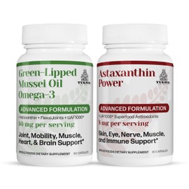 TURNER New Zealand Omega-3 Green Lipped Mussel Oil, 53x Higher Potency for Superior Joint Comfort & Mobility, No Fishy Aftertaste, 1 Bottle, 60 Softgels Plus 1 Bottle of Astaxanthin Power