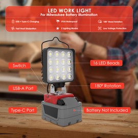 wokelux 2 Pack LED Work Light for Milwaukee M18 18V Battery, Upgraded 76W 10000LM Cordless LED Work Light with USB and Type-C Charging Port, Outdoor Lighting (Battery Not Included)