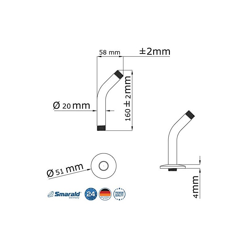 Shower Arm 45° 1/2 Inch Male / Male Thread Stainless