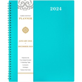 2024 Monthly Planner/Calendar - Monthly Planner 2024, Jan. 2024 - Dec. 2024, 9" x 11", 12-Month Planner 2024 with Tabs, Pocket, Label, Contacts and Passwords, Twin-Wire Binding - Teal by Artfan