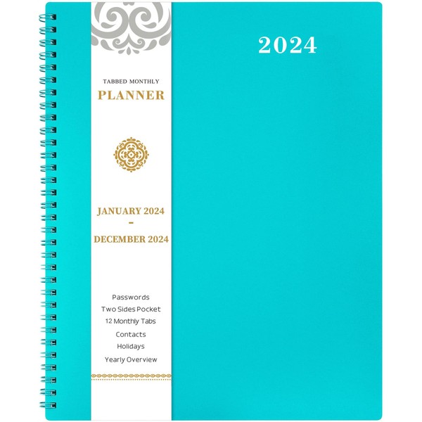 2024 Monthly Planner/Calendar - Monthly Planner 2024, Jan. 2024 - Dec. 2024, 9" x 11", 12-Month Planner 2024 with Tabs, Pocket, Label, Contacts and Passwords, Twin-Wire Binding - Teal by Artfan