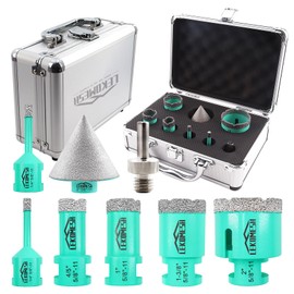 LEKOMESH Diamond Core Drill Bits Set 8pcs Tile Hole Saw Kit for Porcelain Tile Ceramic Marble Brick Concrete with 5/8-11 Thread(6/6/20/25/35/50mm+50mm Beveling Chamfer Bit+Triangle Shank Adapter)