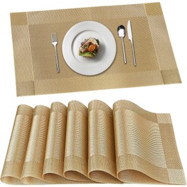DSJIFGEW Placemats, Placemats Set of 6, Table Place Mats for Kitchen Dining, Heat-Resistant Anti-Skid Stain Washable PVC Table Mats, Easy to Cleaning Woven Vinyl Dinner Mats (Gold)