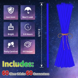 Taikula 60 Pack 8” Blue Glow Sticks Bracelet Bulk Glow Sticks with 60 Connectors Neon Glow In The Dark Party Supplies for Christmas Holiday Decoration Party Carnival (Blue)