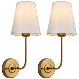 Passica Decor Wall Sconces Set of 2 Pack Antique Brass Vintage Industrial Wall Lamp Light Fixture with Flared White Fabric Shade for Living Room Bedrooms Bedside Reading Fireplace Farmhouse