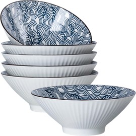 Zscera 38 oz Japanese Ramen Bowl Set of 6, 8-Inch Ceramic Large Soup Bowls, Blue and White Large Pho Bowls - Wave Pattern