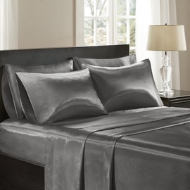 Madison Park Essentials Satin Sheet Set Luxury and Silky with Natural Sheen, Elastic 14" Pocket fits up to 16" Mattress, All Around Elastic - Year-Round Bedding, Full, Grey, 6 Piece