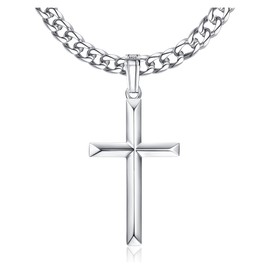 KRFY 925 Sterling Silver Cross Pendant with Stainless Steel Diamond-Cut Curb Cuban Link Chain Miami Necklace 18K White Gold Plated Highly Polished Beveled Edge Cross Pendant Necklace Men Women 46-76CM