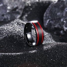 King Will Groove Black Mens Tungsten Wedding Rings Red Two Thin Lines Grooves Cross Brushed Surface Polished Beveled Edge Wedding Band for Men Women 9.5