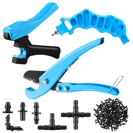 Feekoon Drip Irrigation Punch Hole Tubing Cutter Tools with Barbed Connectors, 2-in-1 Drip Tubing Hole Punch for 1/4 Inch Fitting 16 20 25 mm PE Pipe and Emitter(Blue,115 Irrigation Plugs)