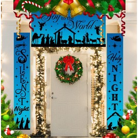 Joy to The World Christmas Nativity Banner, 3Pcs Manger Scene Religious Christmas Porch Sign Holy Nativity Christmas Hanging Banner Large Xmas Porch Sign for Christmas Decoration