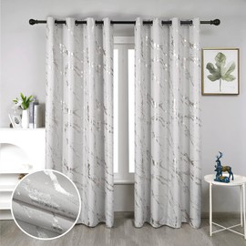 Taisier Home Silver Foil Print Linen Textured Curtains Geometric Marble Pattern Design Curtains for Nursery Light Filtering Window Treatment 2 Panels 63" L,Beige and Silver Curtains Print