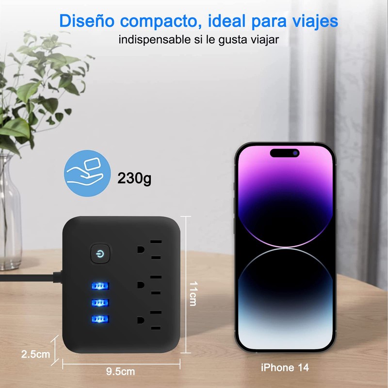 Lostrain Multicontactos USB,Regleta de Alimentación con 3 Ca(10A) y 3