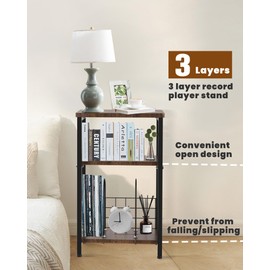 Tuohours Record Player Stand, 3 Tier End Side Table with Vinyl Record Storage Basket, Turntable Table up to 100 Albums Record Shelf Display Holder Cabinet for Living Room, Bedroom, Office
