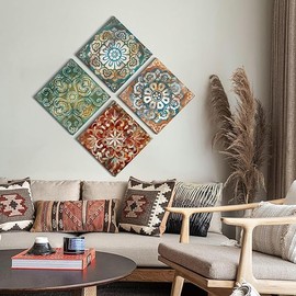 AGOLINE 4PCS Canvas Wall Art- Boho Style Flowers Framed Wall Art for Living Room Pictures for Bedroom Walls Bathroom Decor Kitchen Pictures Wall Decor-12x12in