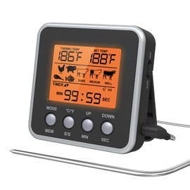 Digital Meat Thermometer Probe for Cooking and Grilling, Instant Read Thermometer with Backlight, Kitchen Timer, Temperature/Time Alarm, Food Thermometer for BBQ Smoker, Barbecue, Oven, Cookware