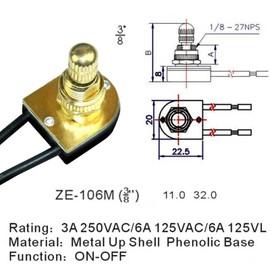 Miayaya Rotary Switch Zing Ear ZE-106M 125VAC/6A 250VAC/3A 125VL/6A Two Wire Replaces 3/8" 90-501 80-1132 Turn Canopy Lights Lamps Thread Brass Knob On-Off Repair Kit Tool Metal UP Shell Phenolic Base