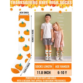 Patelai 6 Pairs Funny Thanksgiving Socks for Kids Knee High Novelty Design Autumn Socks Turkey Pumpkin Fall Socks Holiday Socks for Child Boy Girl Aged 6-10
