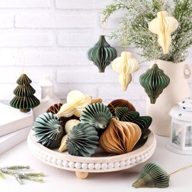 Janinka 24 Pcs 24 Pcs Christmas Paper Honeycomb Ornaments 3D Mini Glitter Edge Honeycombs Lantern Reusable Vintage Christmas Hanging Neutral Ornaments for Tree New Year Home Decor (Retro Color)