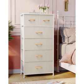 Crestlive Products Vertical Dresser Storage Tower - Sturdy Steel Frame, Wood Top, Easy Pull Fabric Bins, Wood Handles - Organizer Unit for Bedroom, Entryway, Closets - 6 Drawers (Beige)