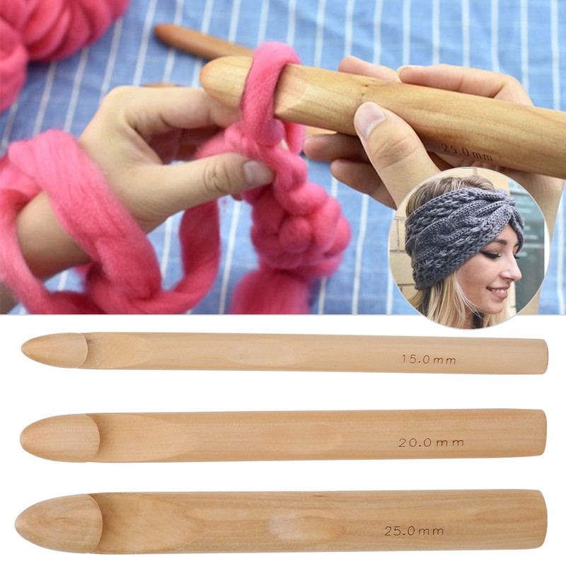 3pcs Large Thick Crochet Hook Wooden Knitting Needle Weaving Tool