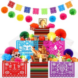 Newwiee 82 Pcs Day of the Dead Altar Decoration Kit Dia De Muertos Disposable Tablecloth Flameless LED Candle Paper Marigold Flower Fan Butterfly Mexican Papel Picado Banner Supplies (Colorful)