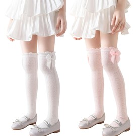ZGKULAEAOW 2-Pair Set Girls' Socks, Ribbon, Kids Socks, Elegant Design, High Socks, Lace, Knee-High, Cute, No Heels, Fomar, Heart Pattern, Recitals, white + pink