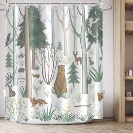 AWERT Cute Shower Curtain with Hooks Green Forest Shower Curtain with Wild Animals Bear Moose Deer Fox Deor Bathroom 72x78 inch