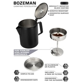 COLETTI Black Bozeman Percolator Coffee Pot — Camping Coffee Pot, Coffee Percolator – America’s Sleekest Percolator – Pure Stainless Steel, NO Aluminum or Plastic (12 Cup)